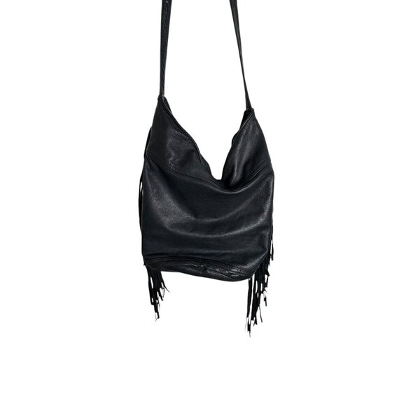 Black leather fringe crossbody handbag bag - Picture 3 of 10